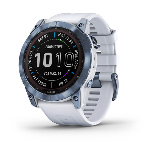 Garmin - Fenix 7X Sapphire Solar Edition, Adventure Bluetooth Touchscreen Smartwatch, Mineral Blue Titanium with Whitestone Band